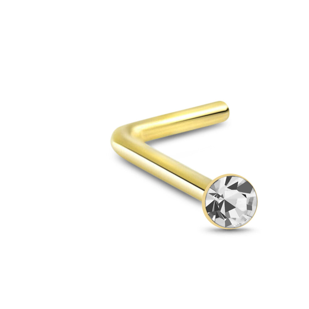 Gold Plated Sterling Silver L Bend Nose Stud featuring a round bezel Stone