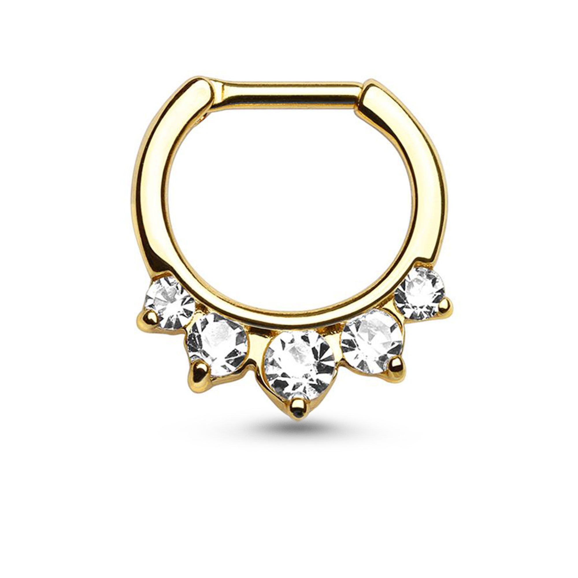 5 Stone Hinged Septum Clicker Nose Ring Hoop Gold 316L Surgical Steel 16G