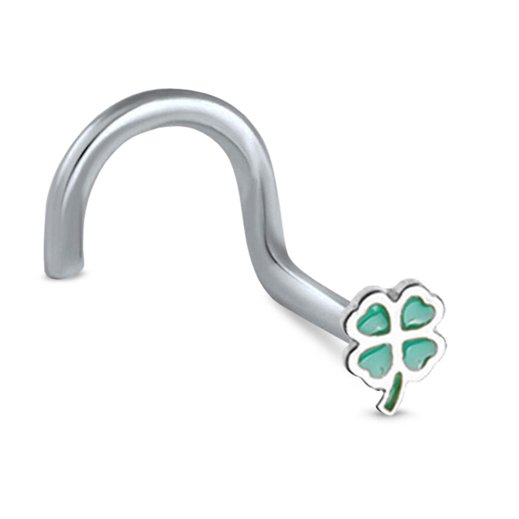 Surgical Steel Nose Stud Right nose Screw featuring a clover design
