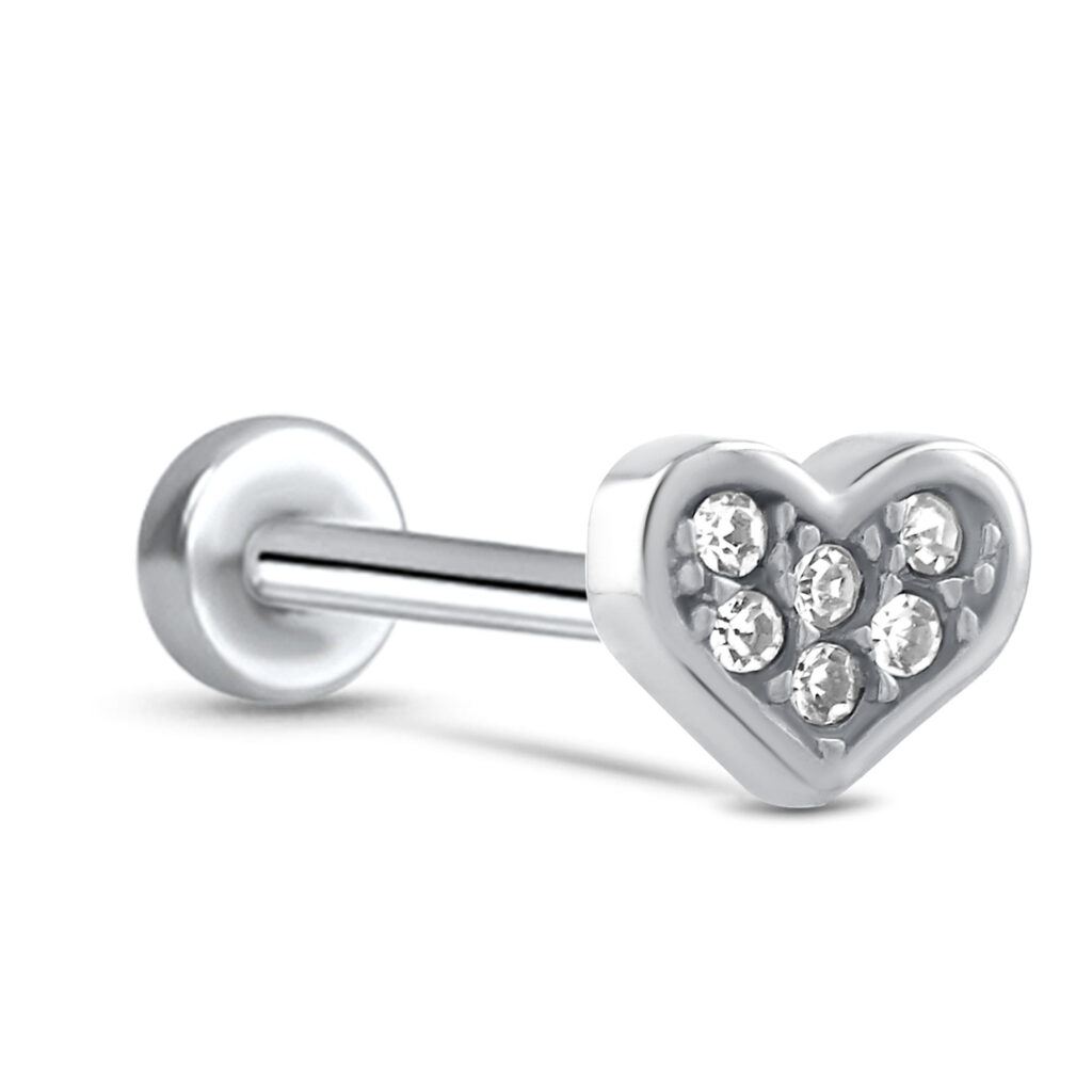 surgical steel threadless labret with a large heart design