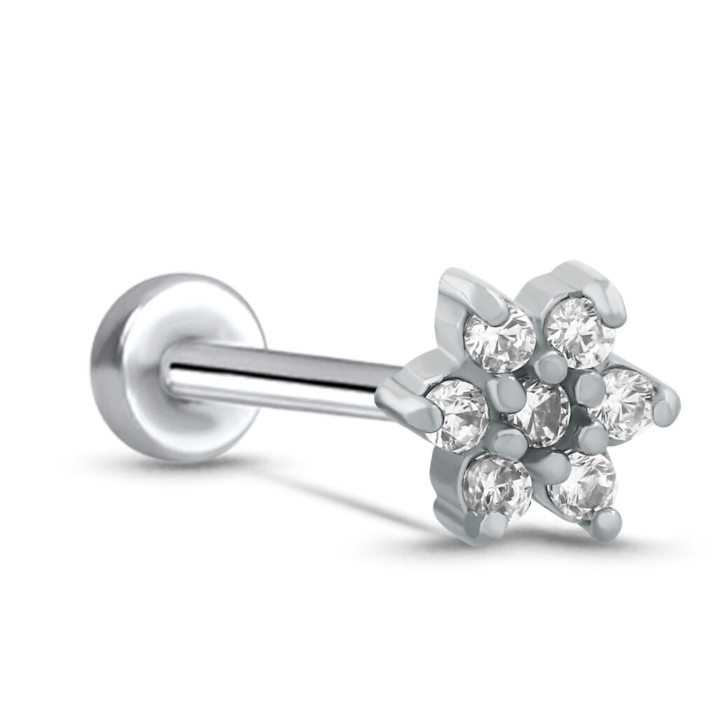 surgical steel push pin labret style stud featuring a large 7 stone flower design