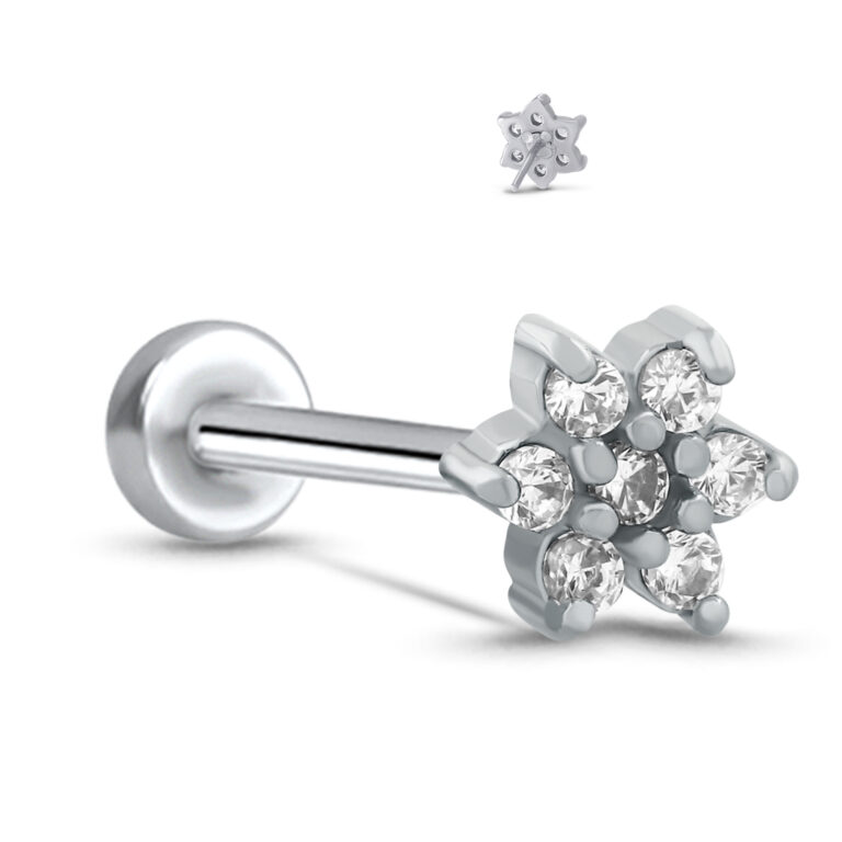 surgical steel push pin style labret stud featuring a large 7 stone flower design. Image also shows the back side of the cluster insert