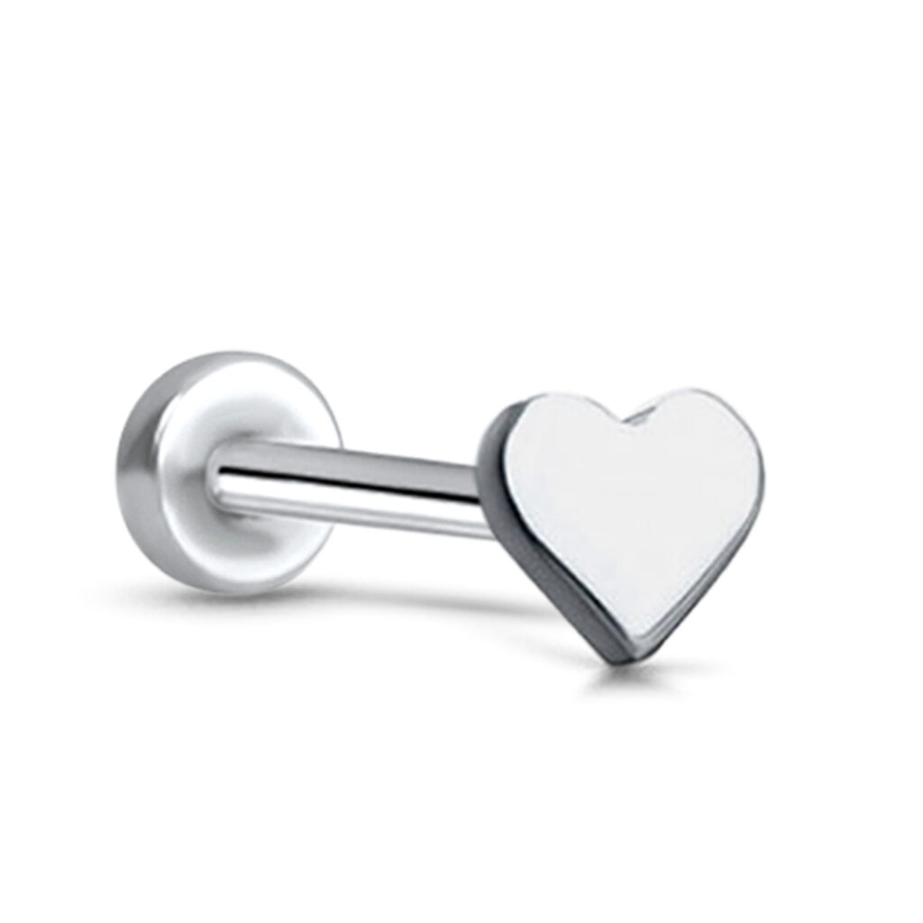 surgical steel push pin style labret stud featuring a heart design