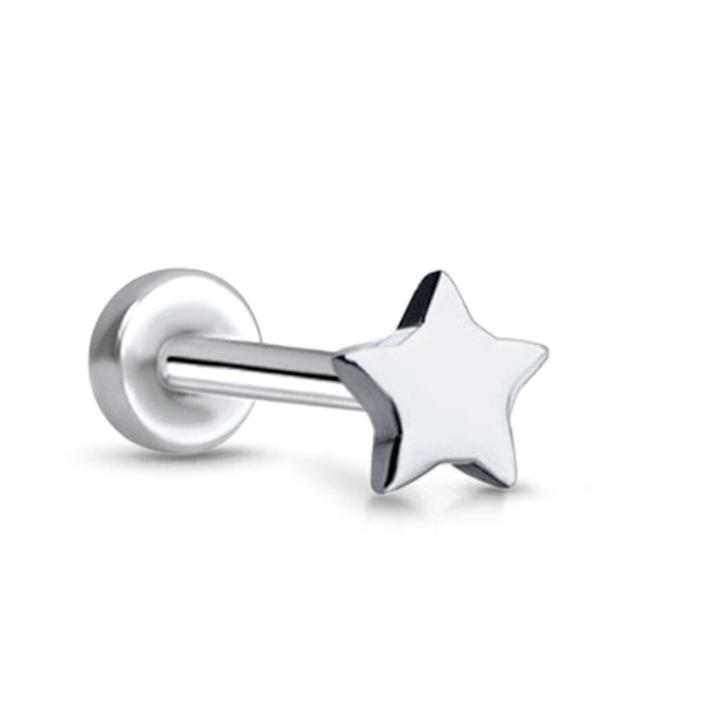 surgical steel push pin style labret stud featuring a Star design