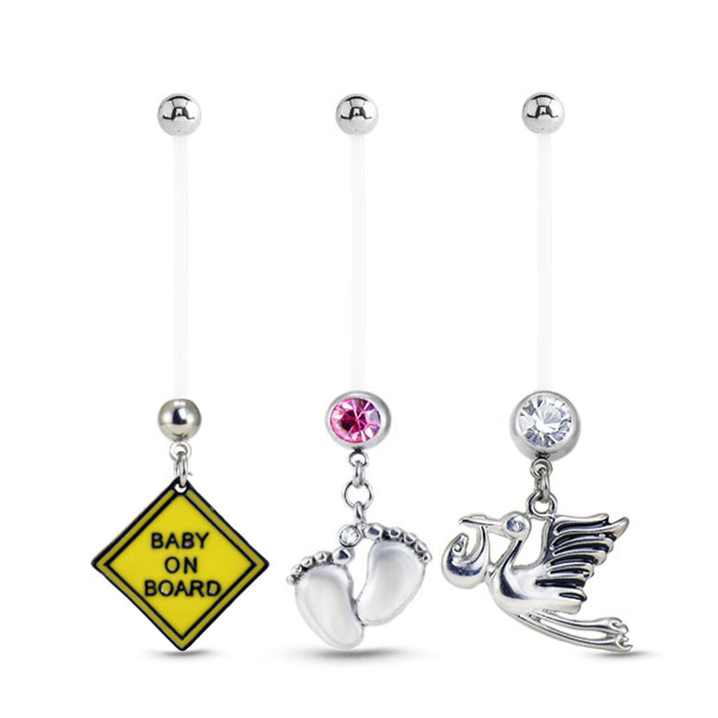 bioflex maternity navel belly ring 3 pack featuring an baby on board, baby feet with pink stone, and a stork