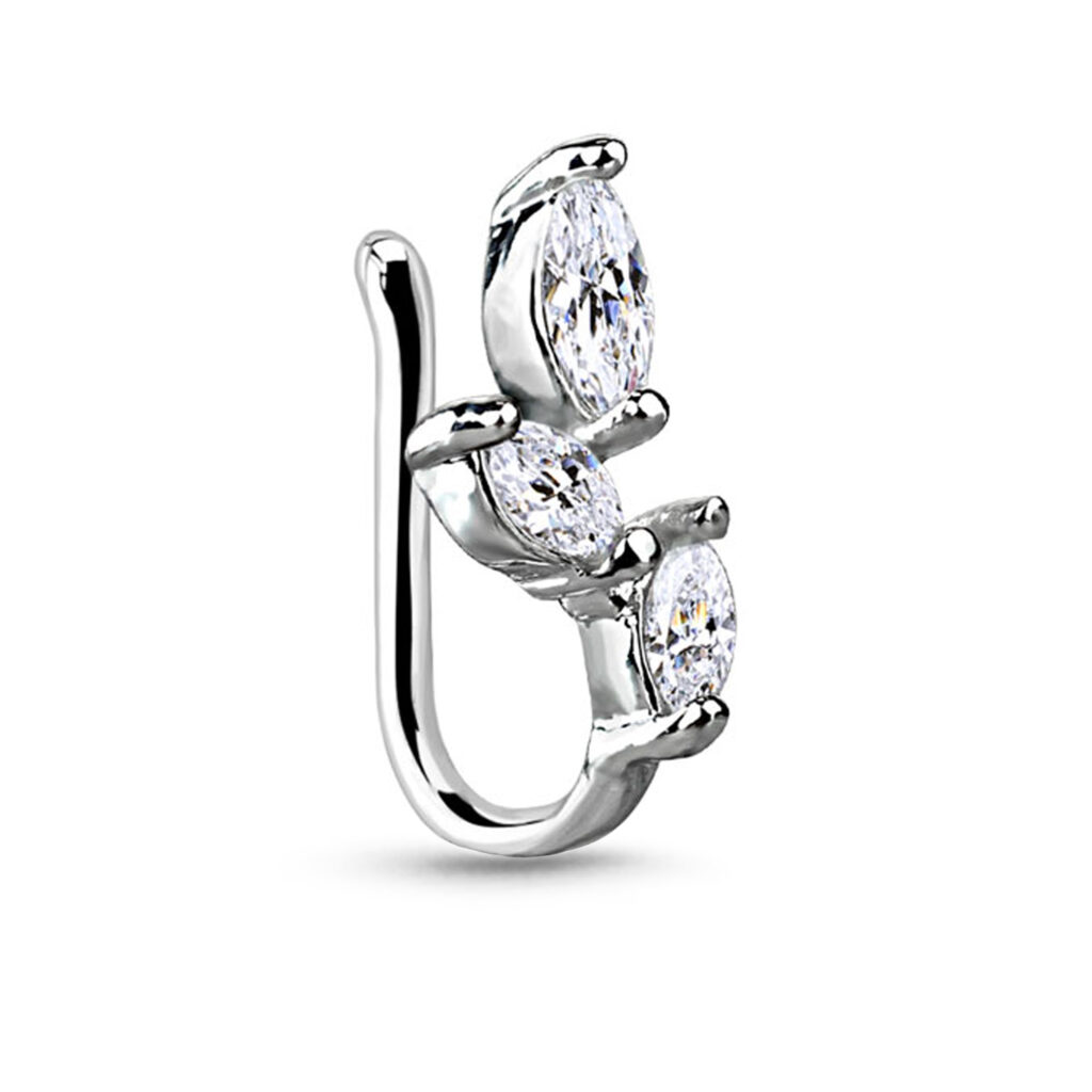 Rhodium plated over Brass fake nose hugger Faux Clip on featuring a triple Leaves stones design