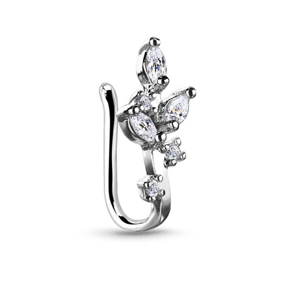 Rhodium plated over Brass fake nose hugger Faux Clip on featuring a Multi Leaves stones design