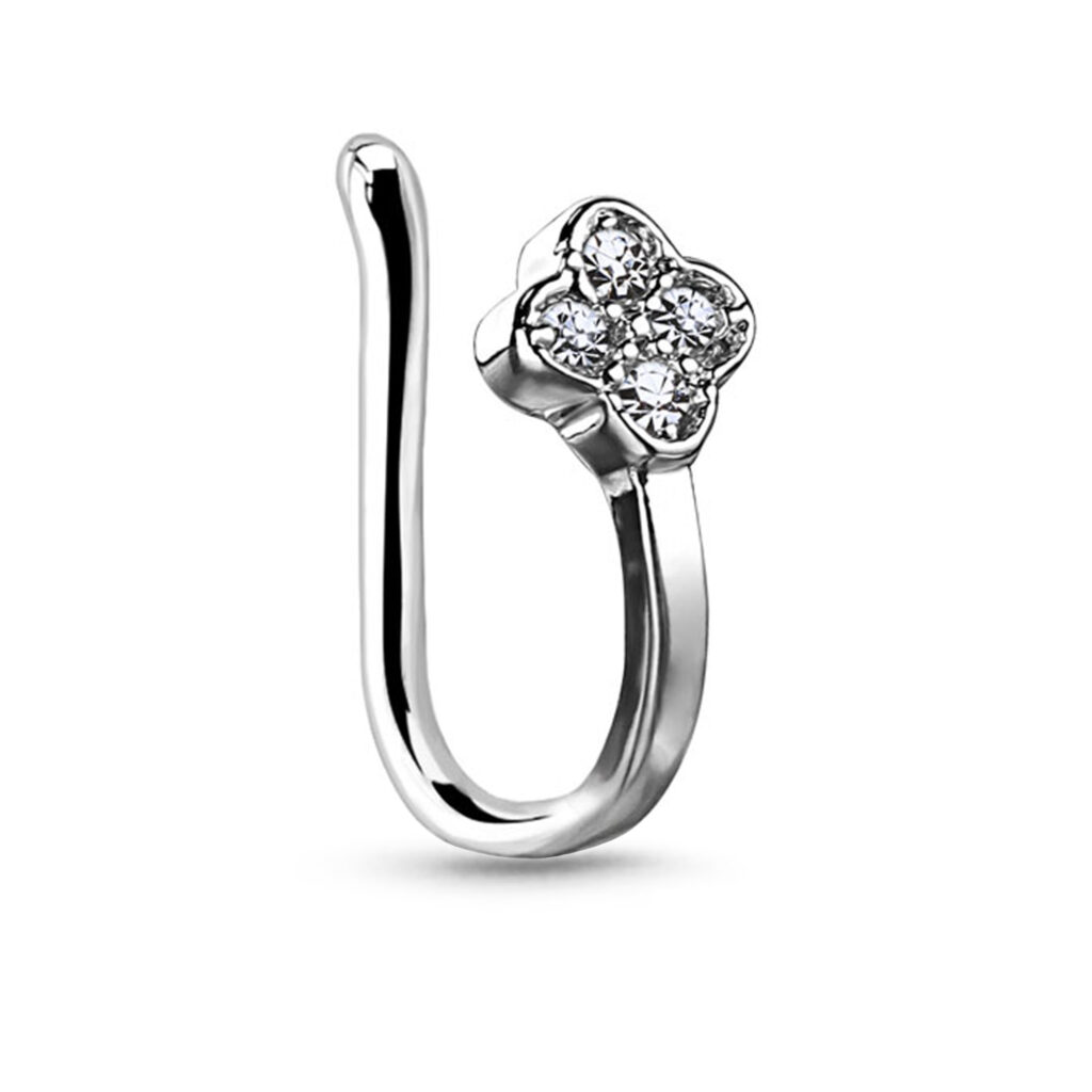 Rhodium plated over Brass fake nose hugger Faux Clip on featuring a 4 stone design