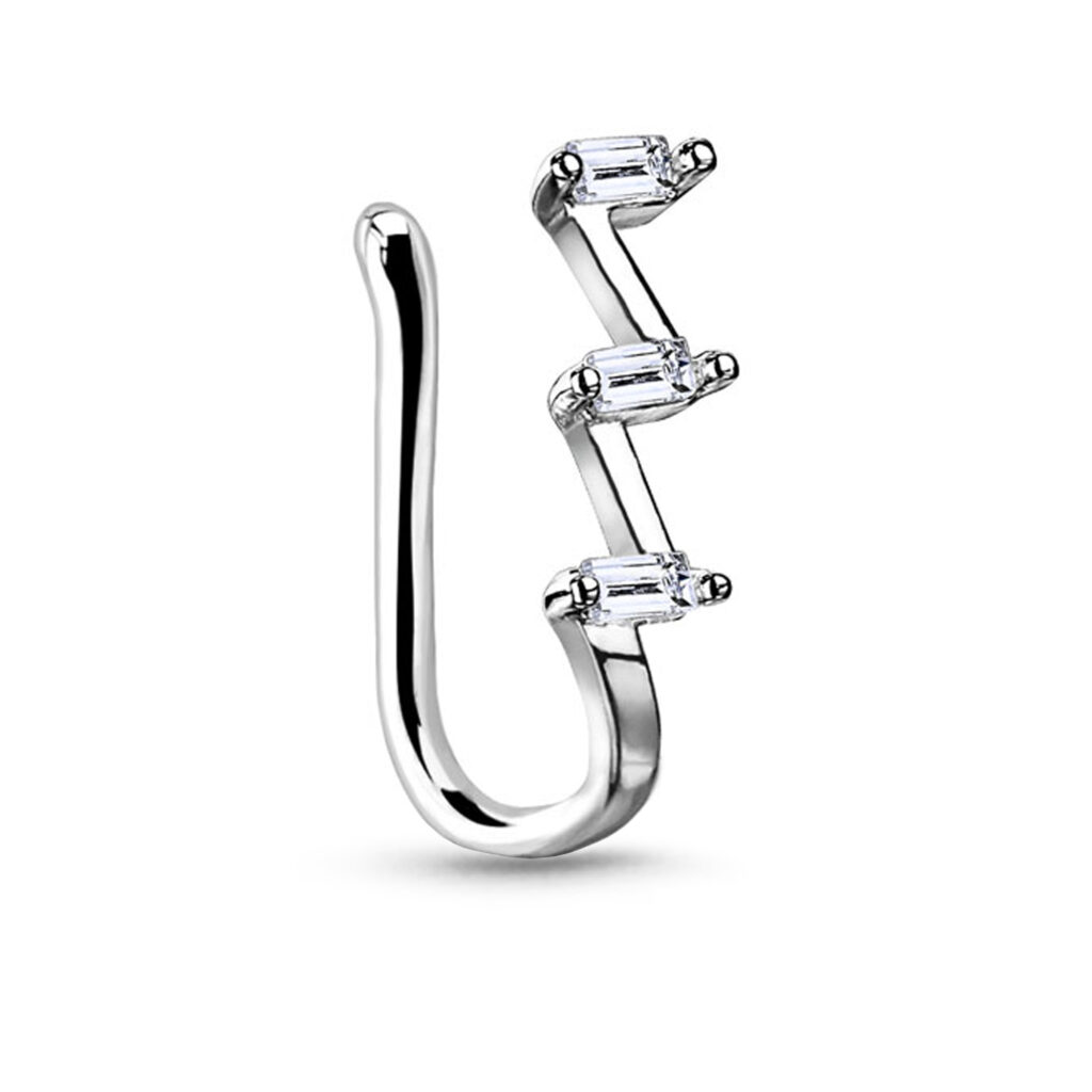 Rhodium plated over Brass fake nose hugger Faux Clip on featuring a triple stone design