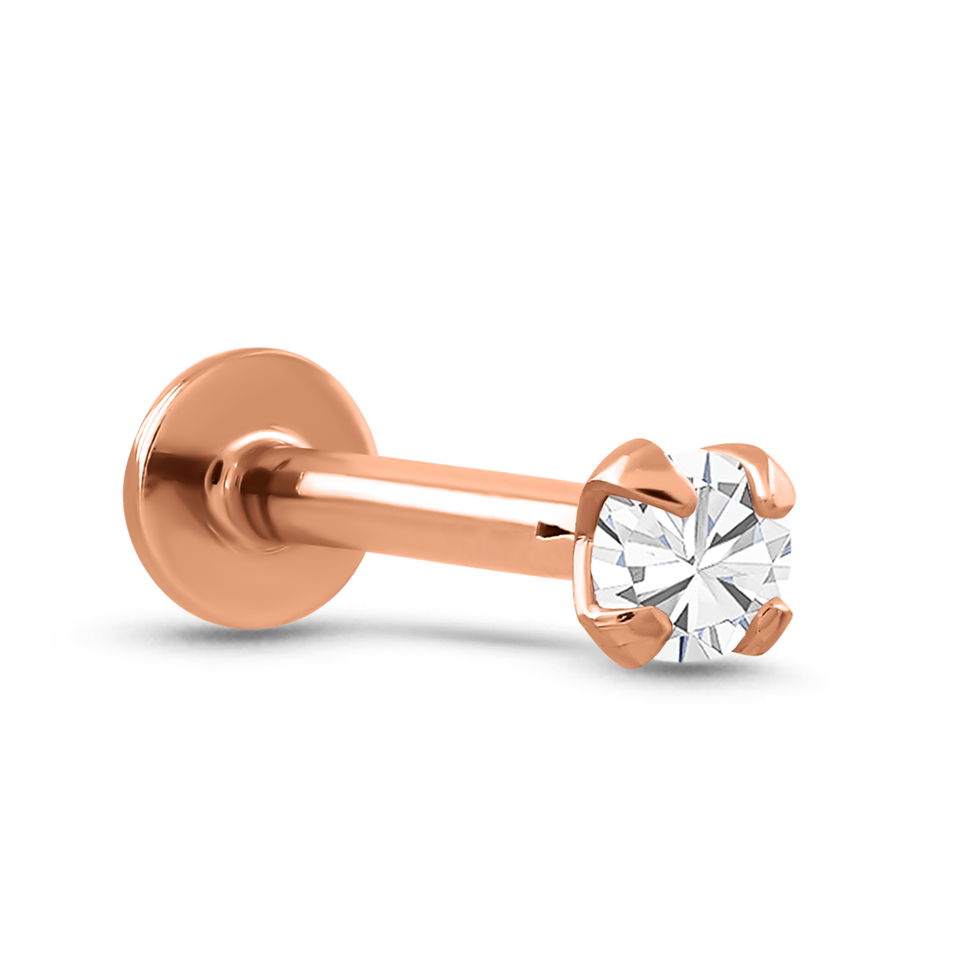 Round CZ Prong Labret Push Pin Stud 14K White, Yellow, Rose Gold