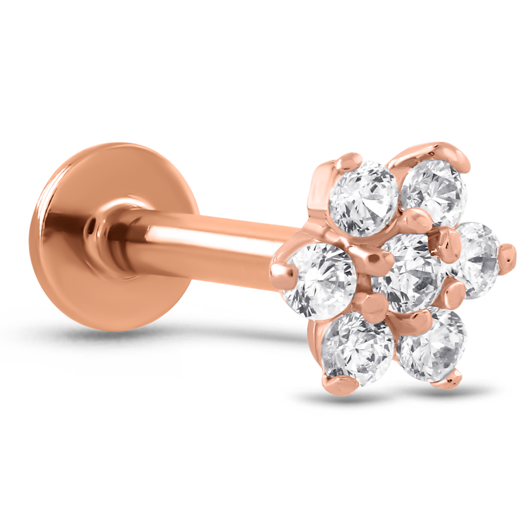 Flower CZ Labret Threadless Push Pin Stud 14K White, Yellow, Rose Gold