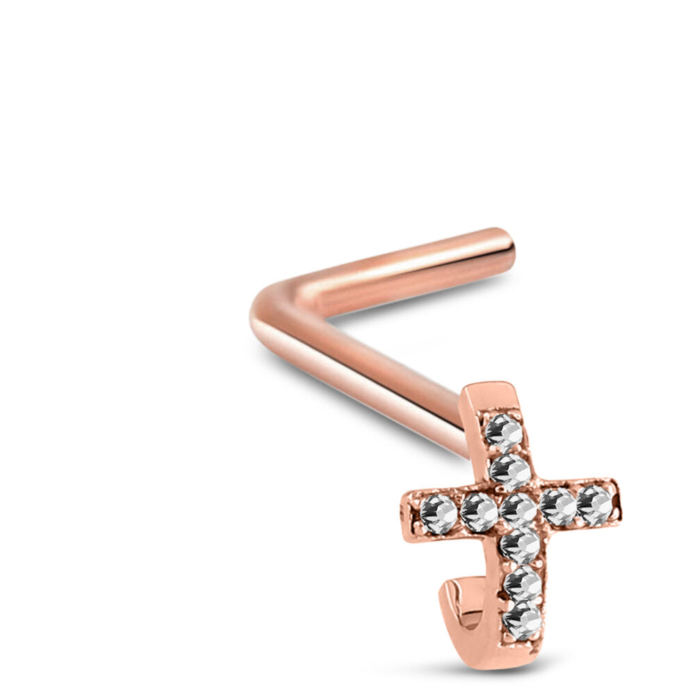 Cross CZ Nose Hugger LBend Stud Rose Gold 316L Surgical Steel 20G