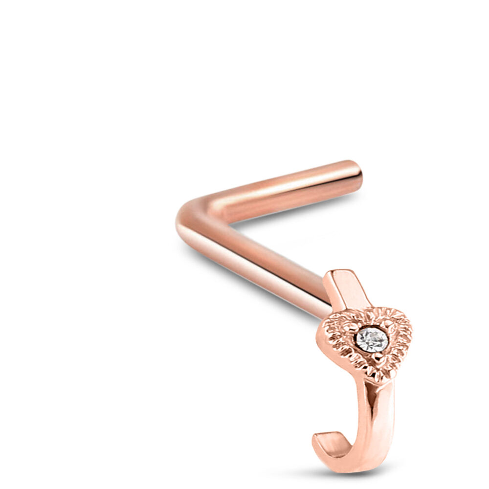 Heart CZ Nose Hugger LBend Stud Rose Gold 316L Surgical Steel 20G