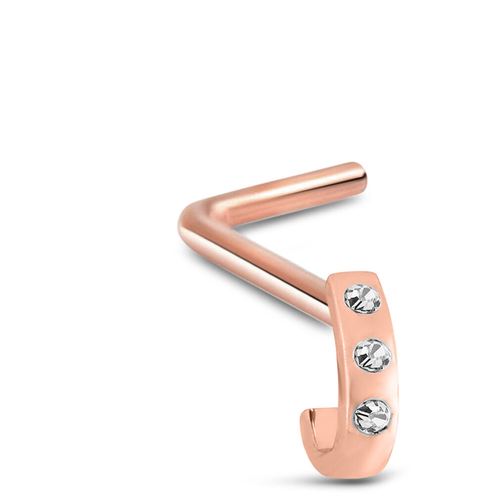 Triple Inset CZ Nose Hugger LBend Stud Rose Gold 316L Surgical Steel 20G