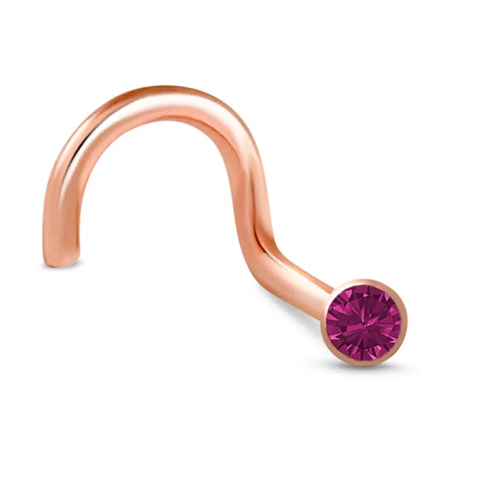 Rose Gold surgical steel Right Nose Screw stud featuring a 2mm Pink Bezel Design