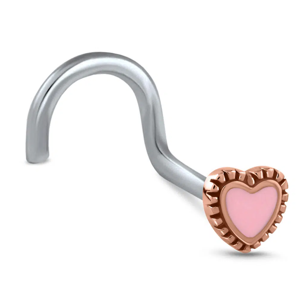 Rose Gold surgical steel Right Nose Screw stud featuring a Pink Heart design