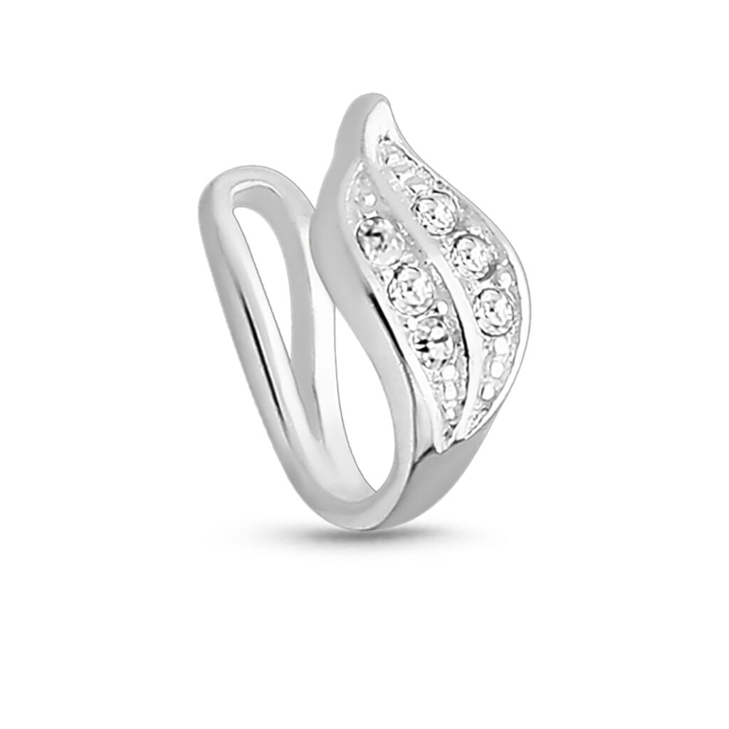 Sterling Silver Fake Nose Hugger Featuring a Leaf Design with 6 clear bezel Stones