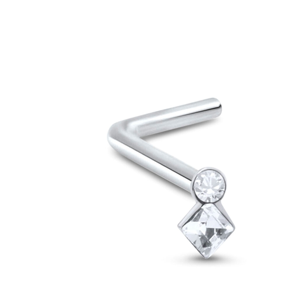 sterling silver lbend nose stud featuring a diamond dangle design with a round clear stone and clear diamond stone