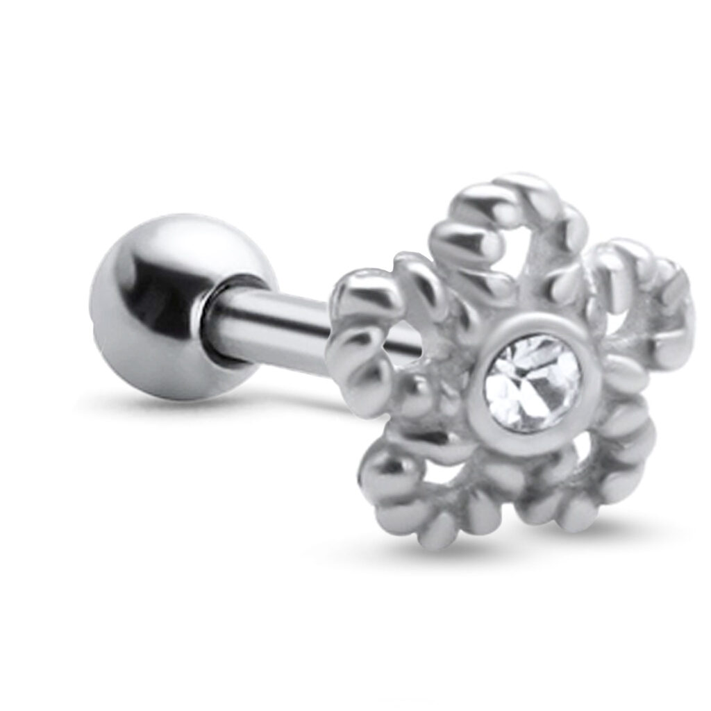 surgical steel post with sterling silver ear cartilage labret stud featuring a large rope flower design