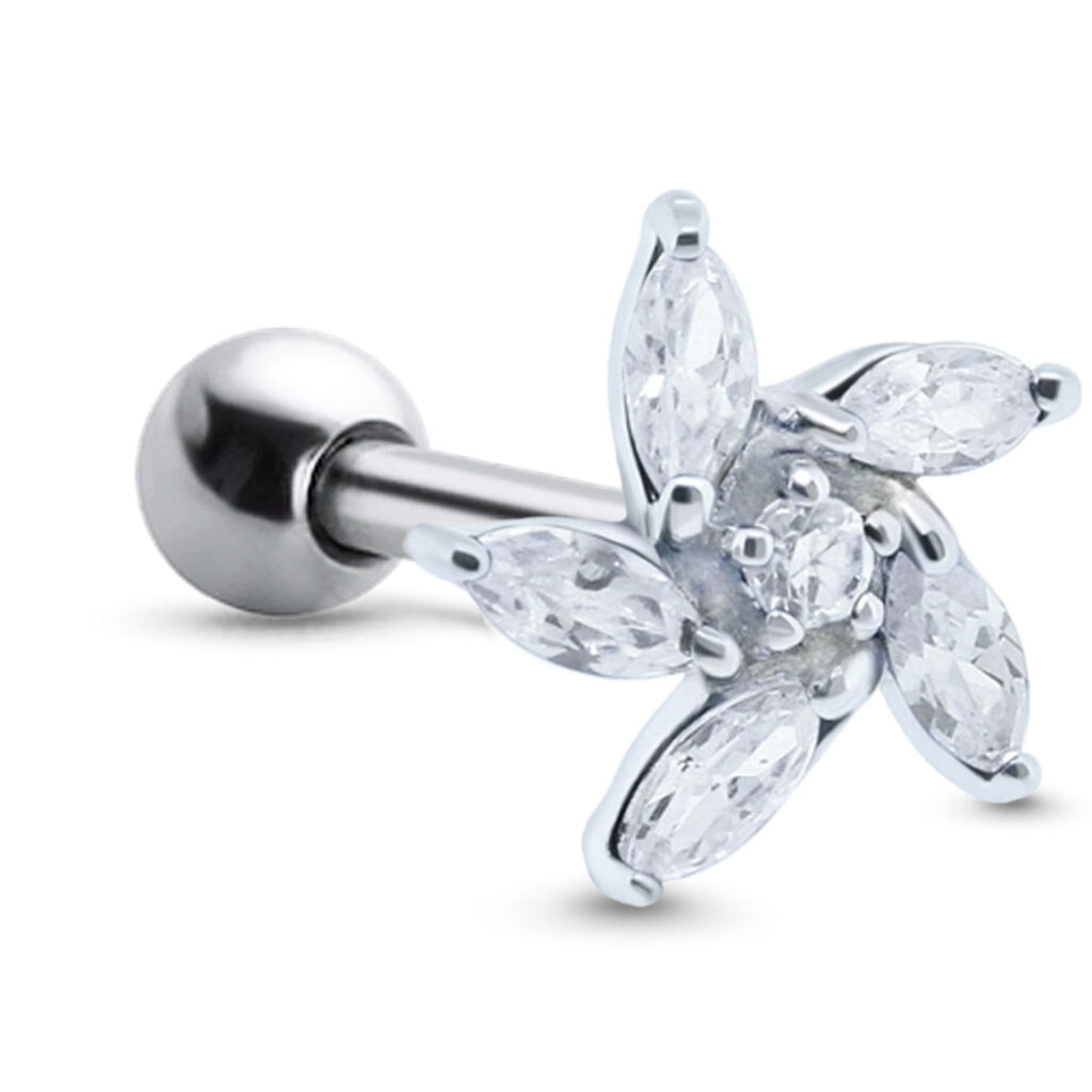 surgical steel post with sterling silver ear cartilage labret stud featuring a large flower design with clear stones