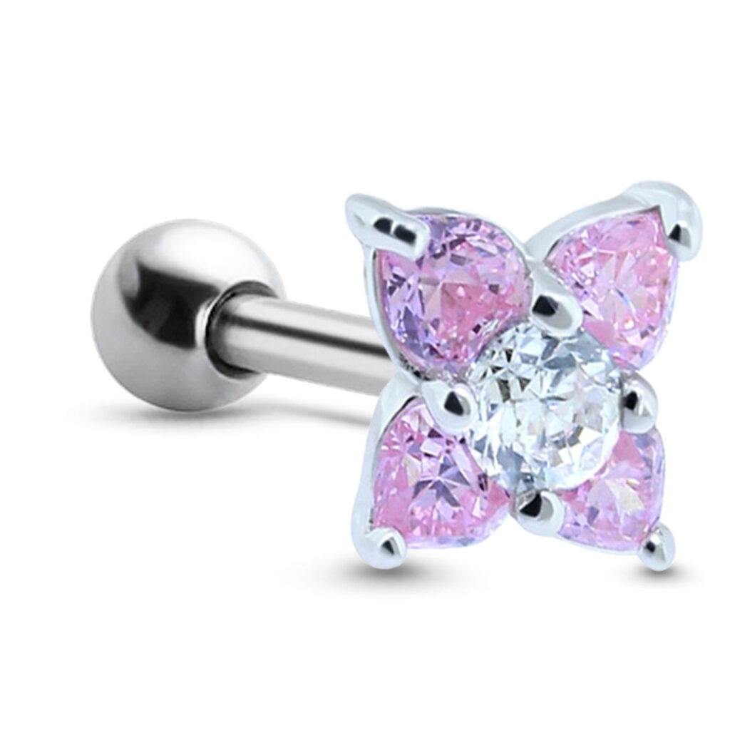 surgical steel post with sterling silver ear cartilage labret stud featuring a large pink flower design