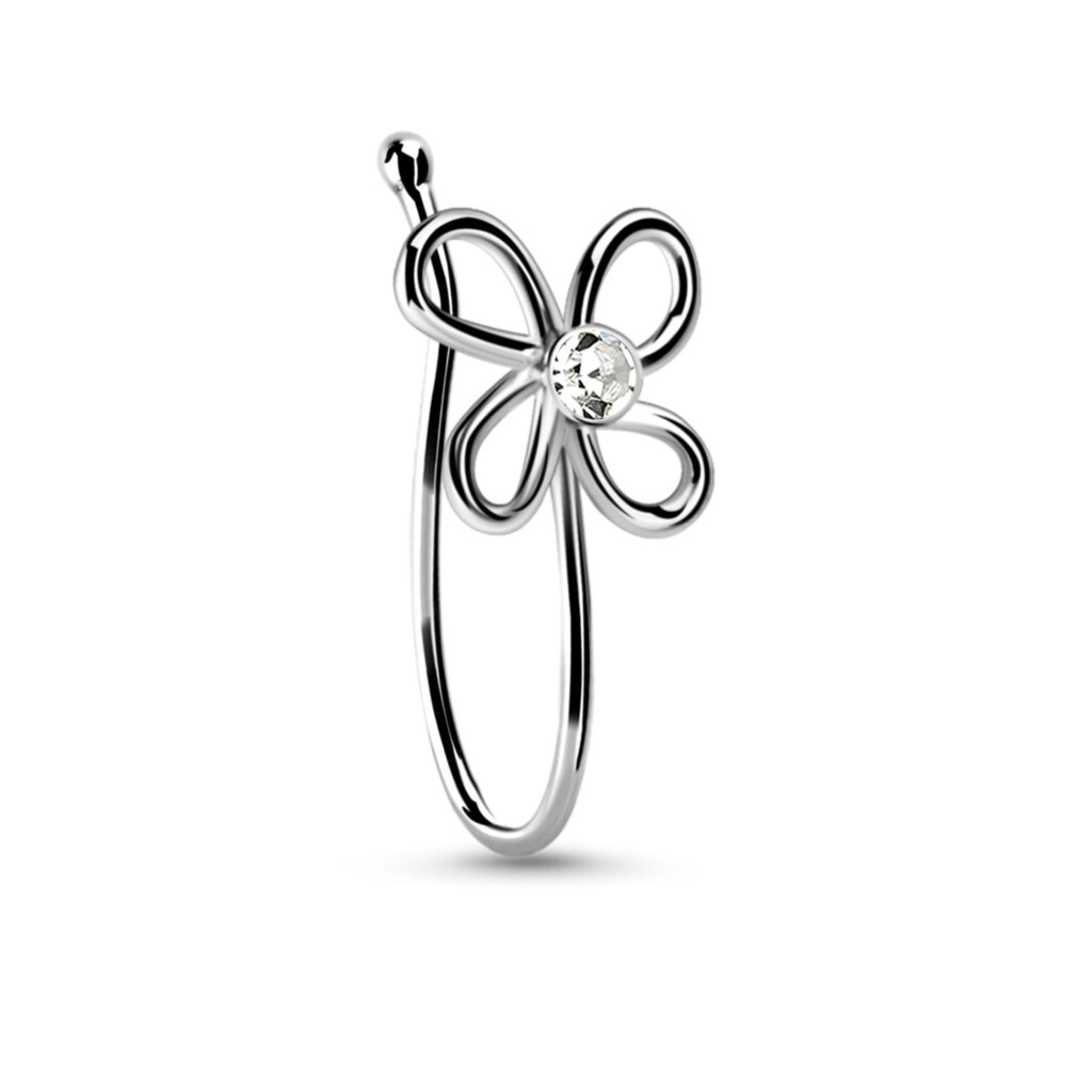 sterling silver fake nose hugger ring featuring a 4 petal flower design with a clear center stone