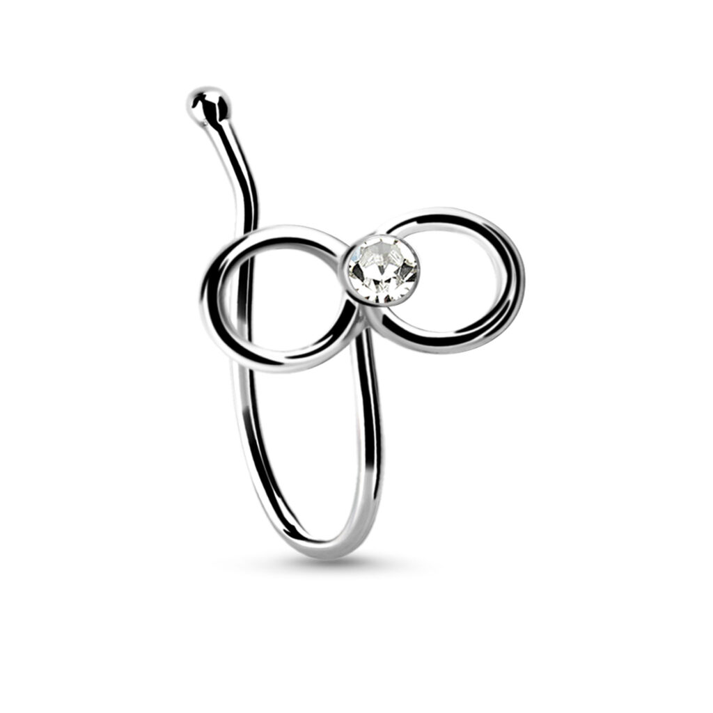 sterling silver fake nose hugger ring featuring an infinity design with a clear center stone