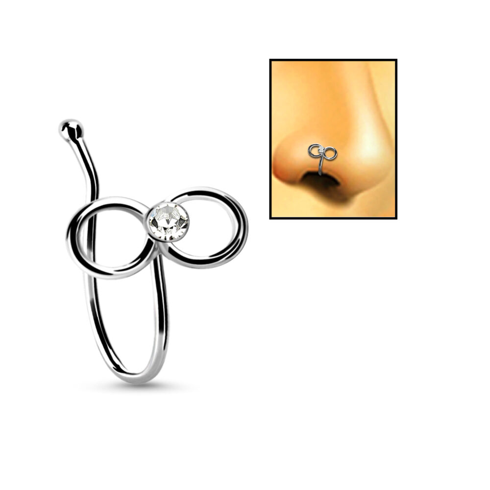 sterling silver fake nose hugger ring featuring an infinity design with a clear center stone. A second image shows the nose ring being worn