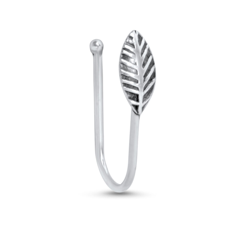 sterling silver fake nose hugger ring featuring a leaf design