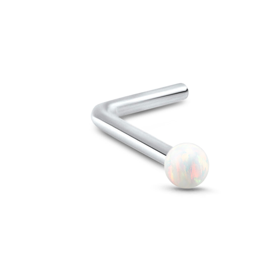 sterling silver lbend nose stud featuring a 2mm faux white opal ball