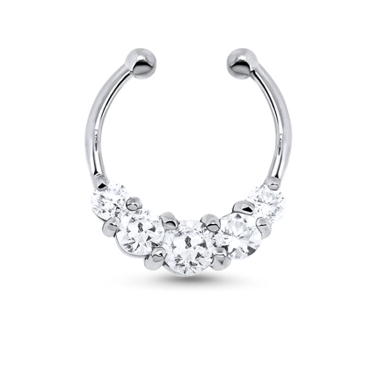 sterling silver fake septum nose ring hoop with 5 clear cz stones