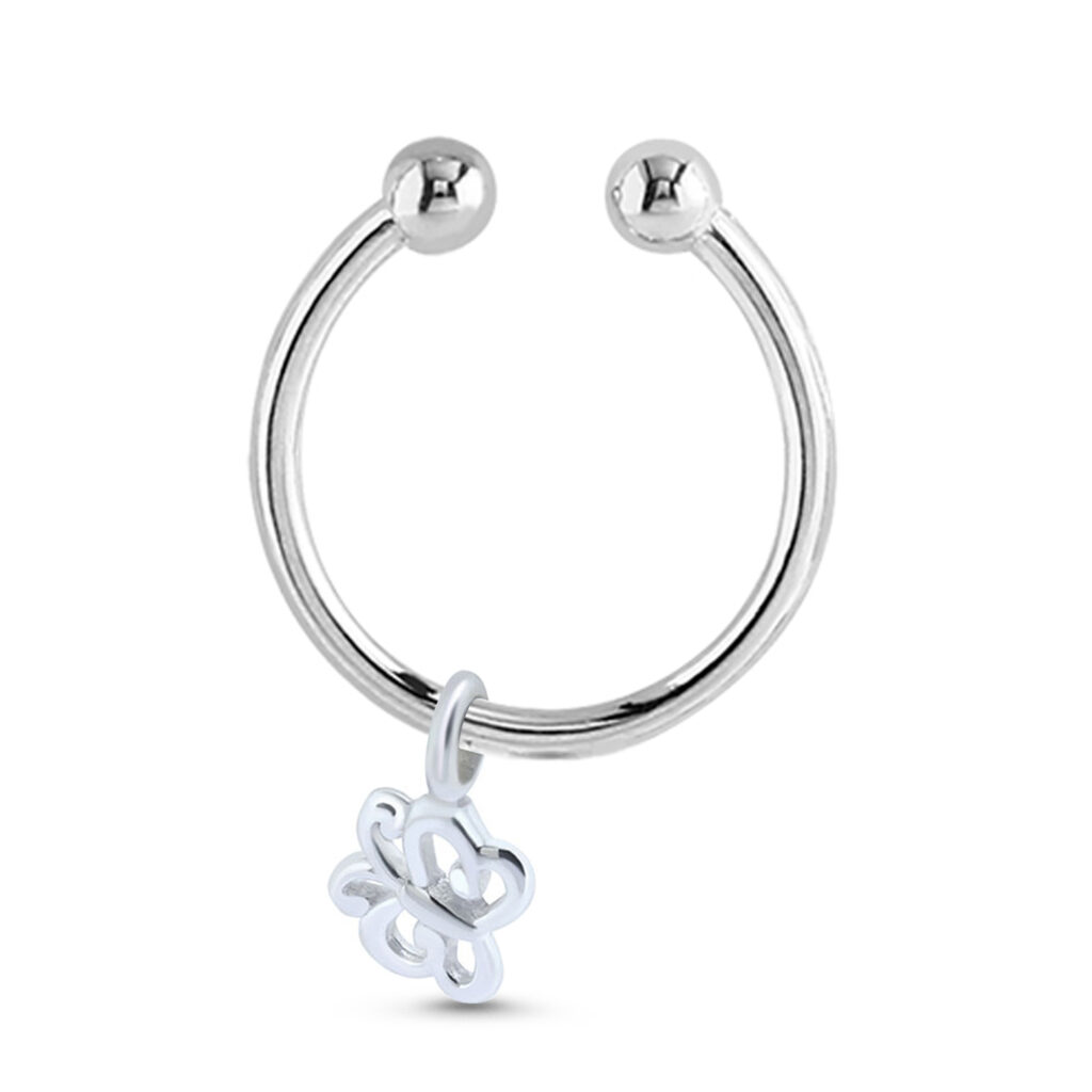 sterling silver fake septum hoop featuring a dangle butterfly design