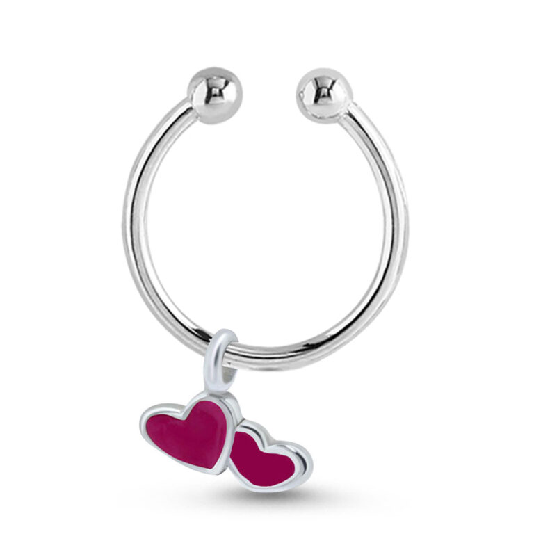 sterling silver fake septum hoop featuring a dangle red heart design