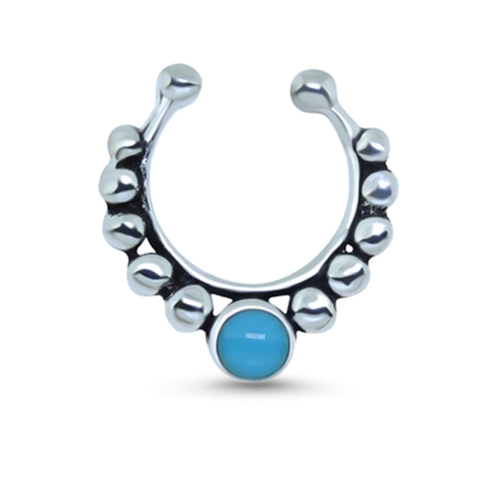 sterling silver fake septum ring with a turquoise bead and silver beads along the hoop