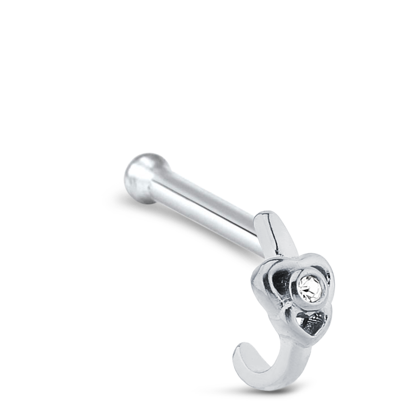 Double Heart CZ Nose Hugger Stud 925 Sterling Silver