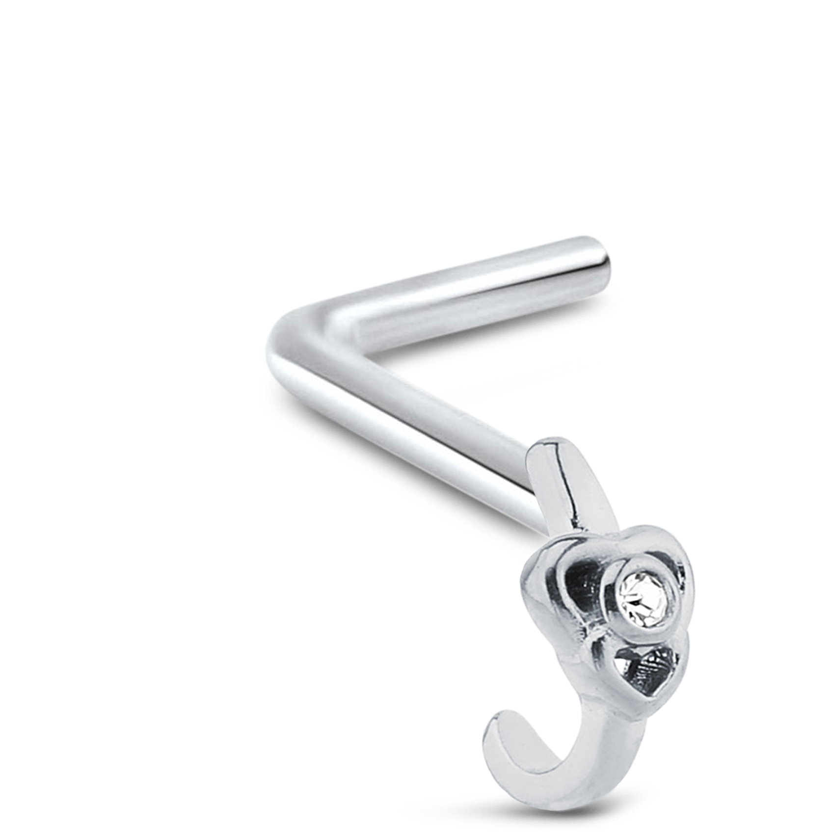 Double Heart CZ Nose Hugger Stud 925 Sterling Silver