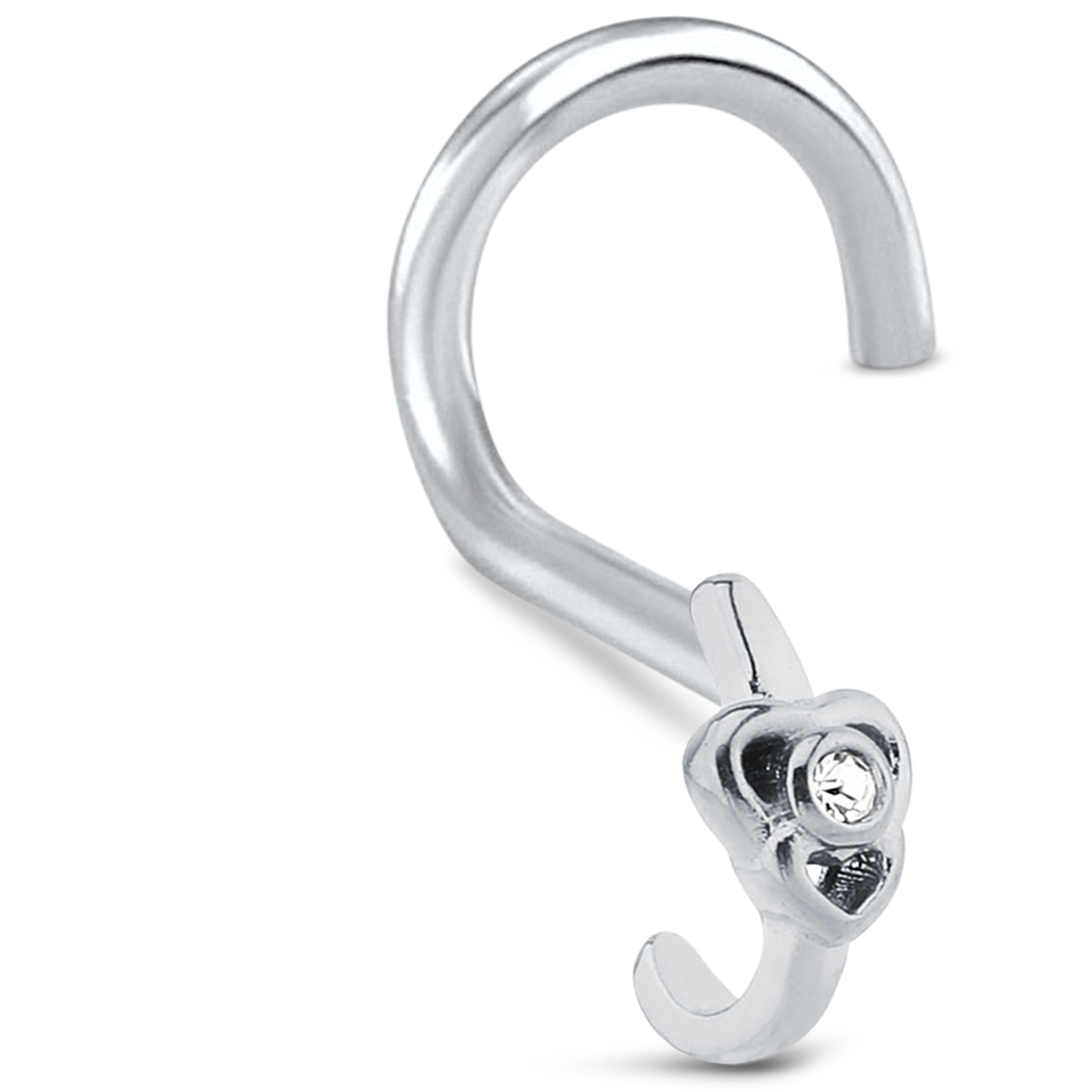 Double Heart CZ Nose Hugger Stud 925 Sterling Silver