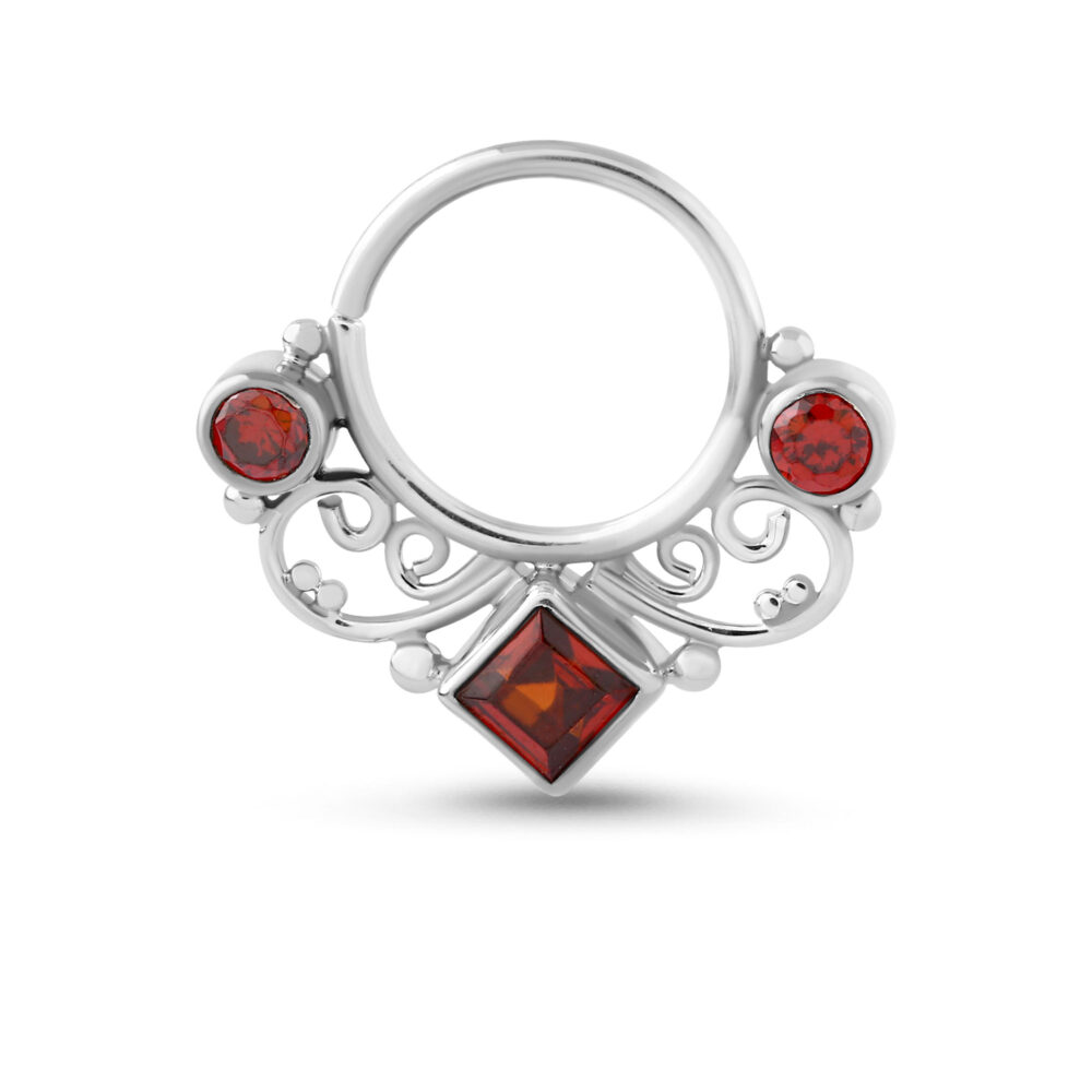 Sterling Silver Septum Hoop Featuring a Fancy Design With Ruby Red Stones