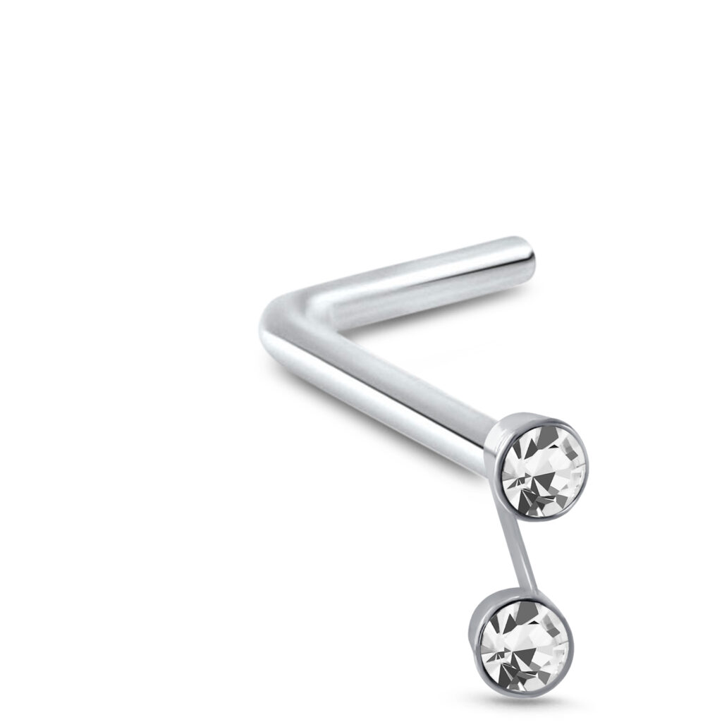 sterling silver L Bend nose stud featuring a Clear 2 stone design