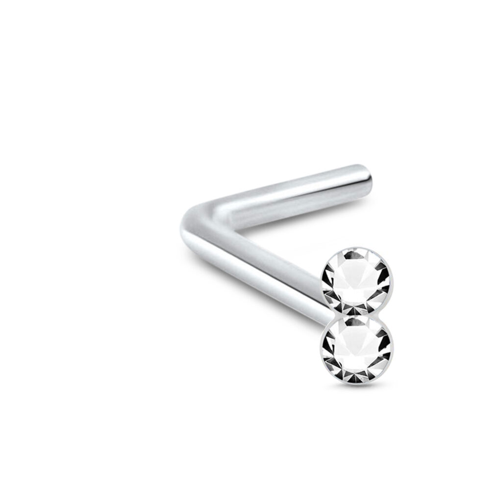 sterling silver lbend nose stud featuring a 2 stone cluster design with clear gems