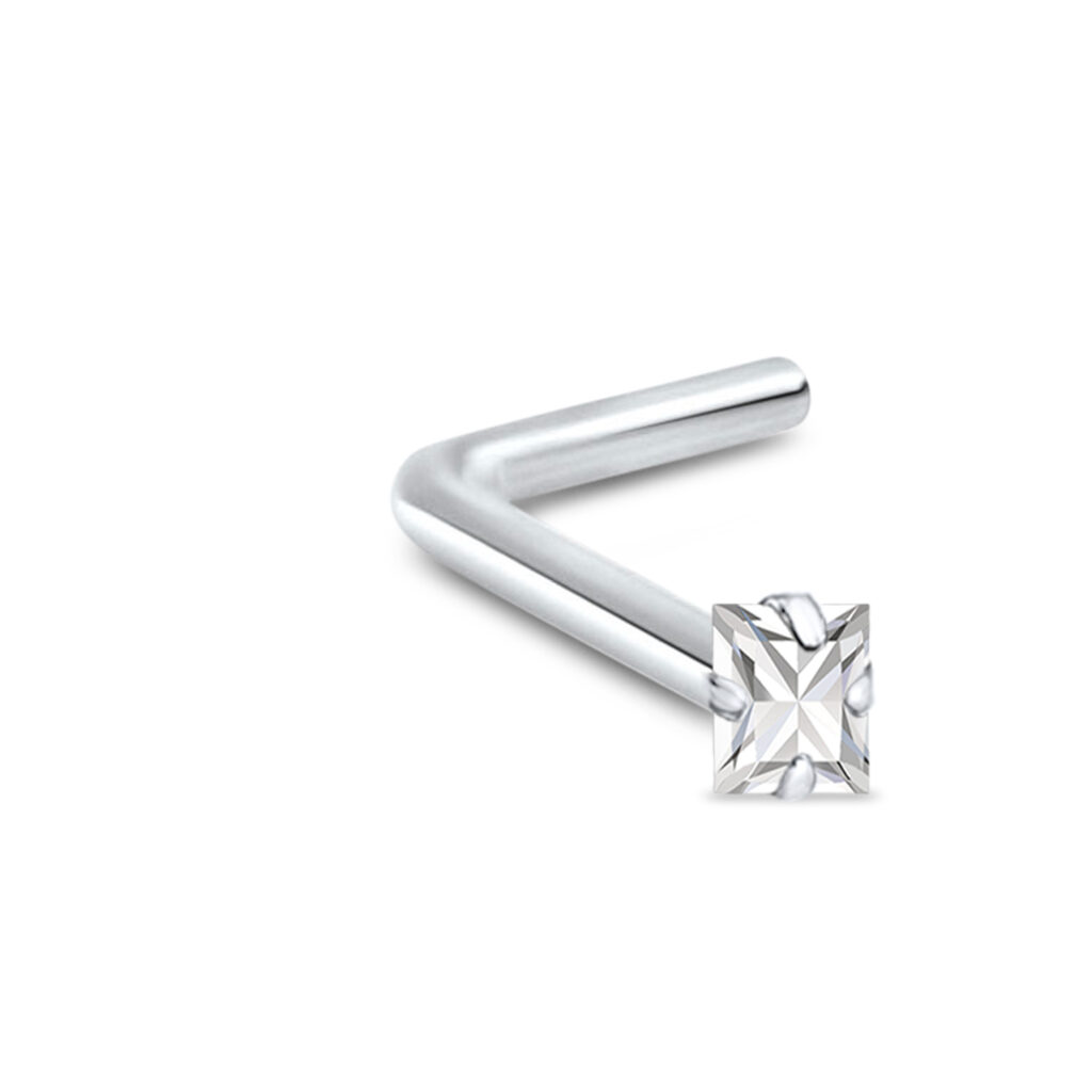 sterling silver lbend nose stud featuring a 2mm square clear cz stone