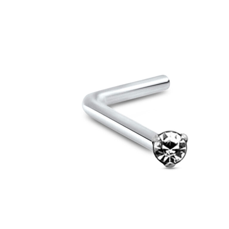 sterling silver lbend nose stud featuring a 3 prong clear gem