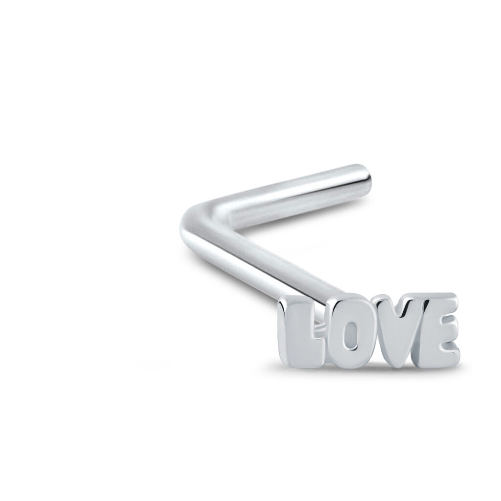 sterling silver L Bend nose stud featuring a LOVE design