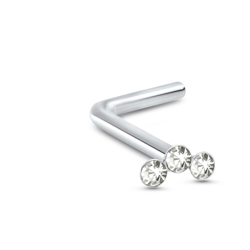 sterling silver lbend nose stud featuring a triple cz design with clear stones