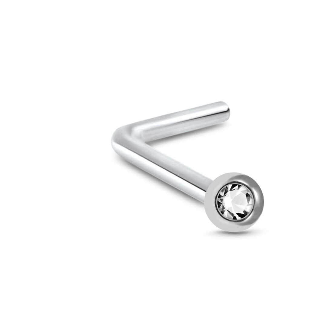 sterling silver lbend nose stud featuring a 2.5mm clear bezel design