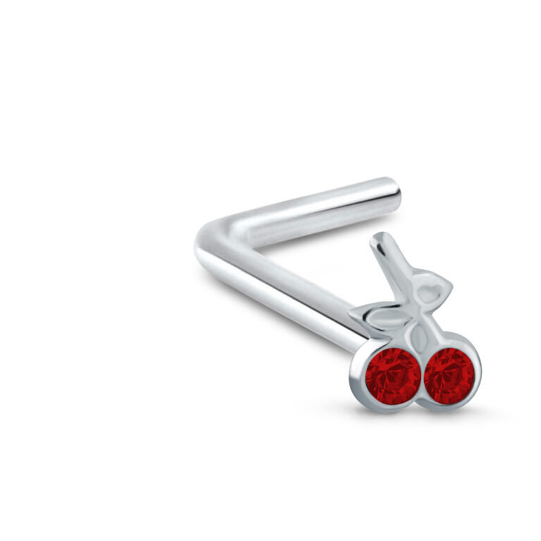 sterling silver L Bend nose stud featuring a Cherry design with Red Stones