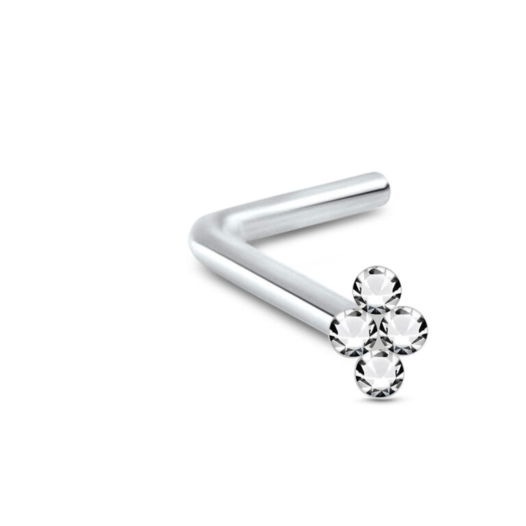 sterling silver lbend nose stud featuring a clear, 4 stone cluster design