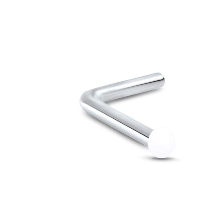 sterling silver lbend nose stud featuring a 1.5mm white colored ball