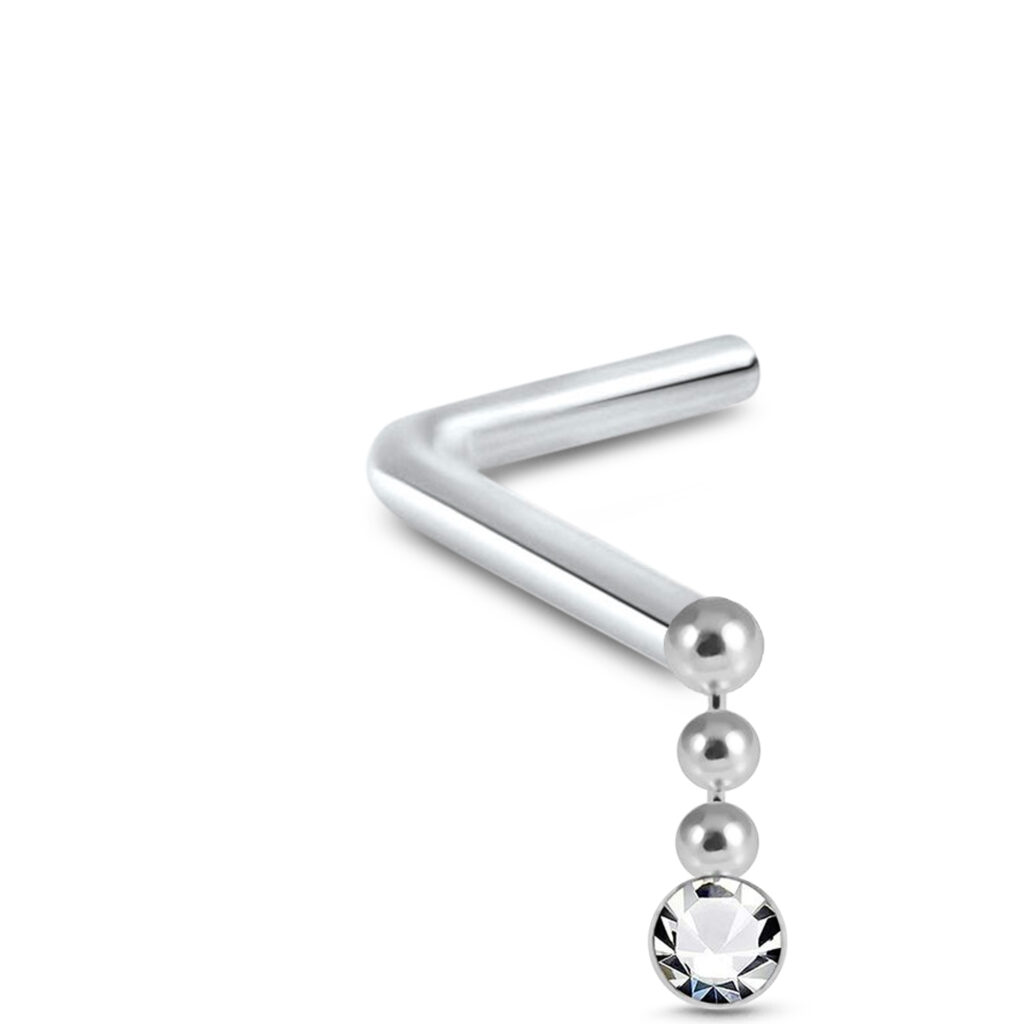 sterling silver lbend nose stud featuring a dangle design with a 1mm clear stone