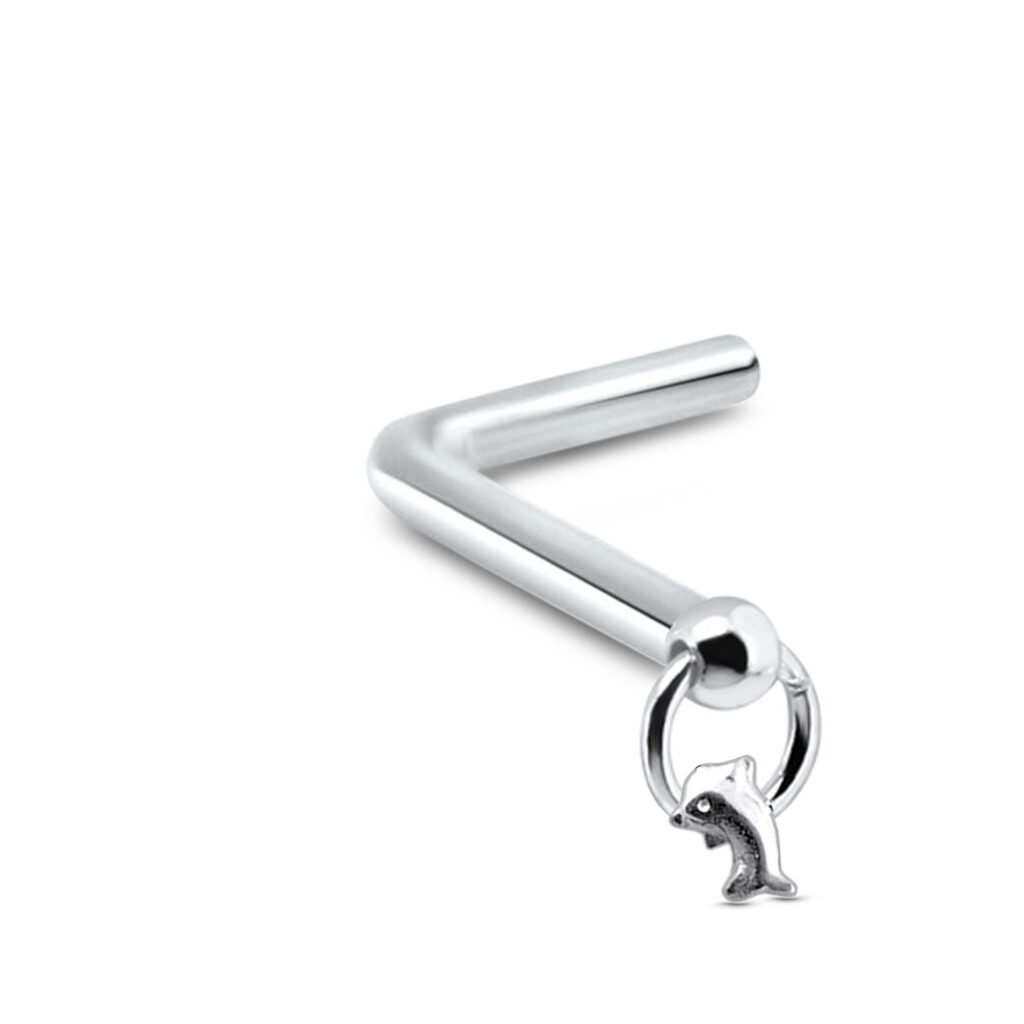 sterling silver lbend nose stud featuring a hoop design with a dolphin